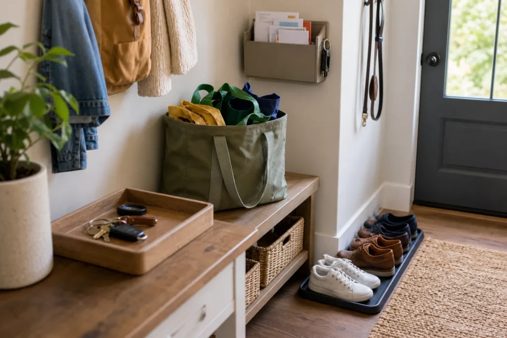 Entryway with organized shoes on a tray, hanging coats, and a tote bag on a wooden bench