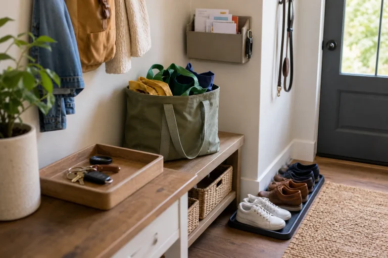 Entryway with organized shoes on a tray, hanging coats, and a tote bag on a wooden bench