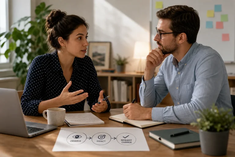 Woman explaining notes to a man sitting at a table with a laptop and a cup in an office setting