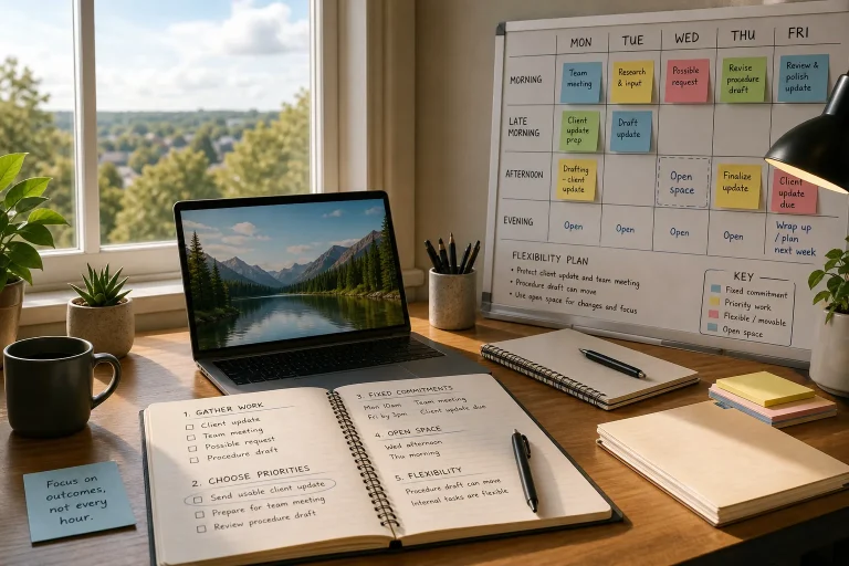 Desk with open planner, laptop, whiteboard weekly schedule, sticky notes, and plants near window