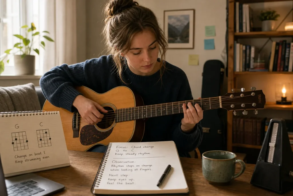 Young woman practicing guitar chords with notes and metronome on wooden table