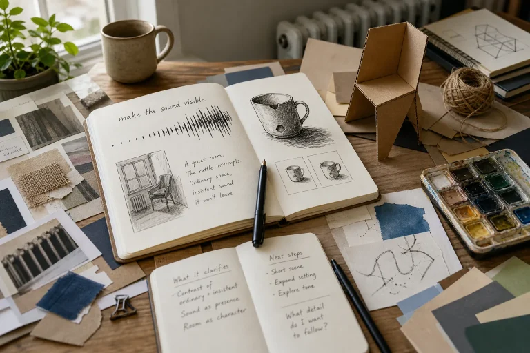 Open notebooks with sketches, notes, pens, color swatches, and a small cardboard model on a wooden table